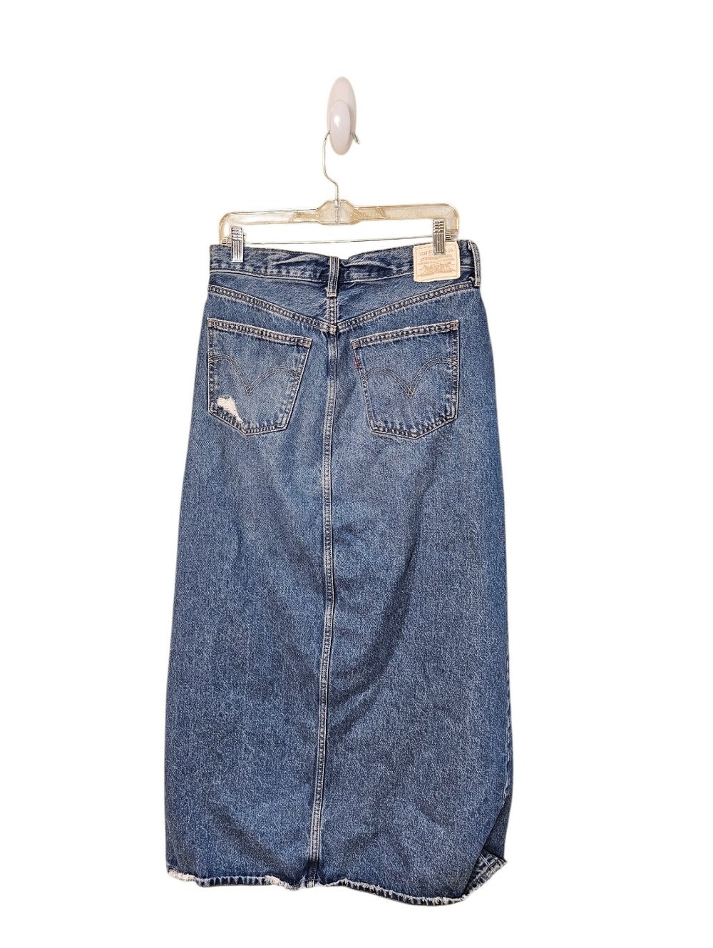Levis Women’s Blue Denim Long Maxi Skirt with Front Slit Distressed Denim Size30 - Picture 2 of 4